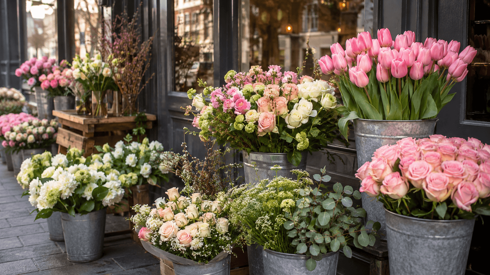 Pink tulips, roses and mixed bouquets outside a flower shop