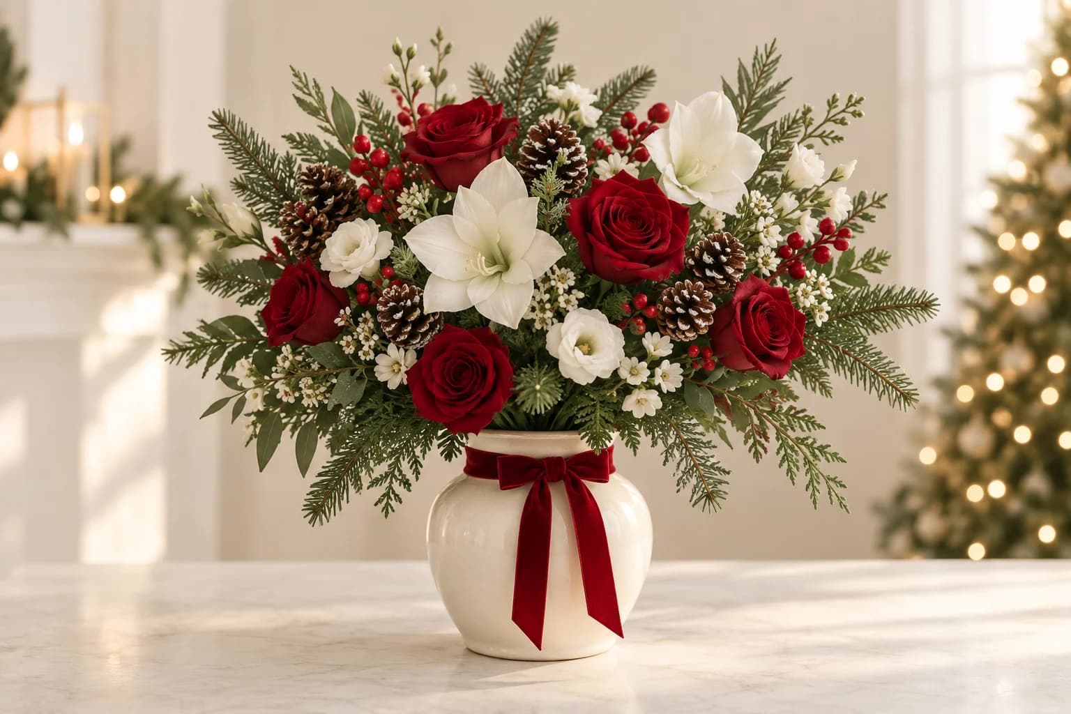 A Christmas arrangement with red flowers and evergreen foliage