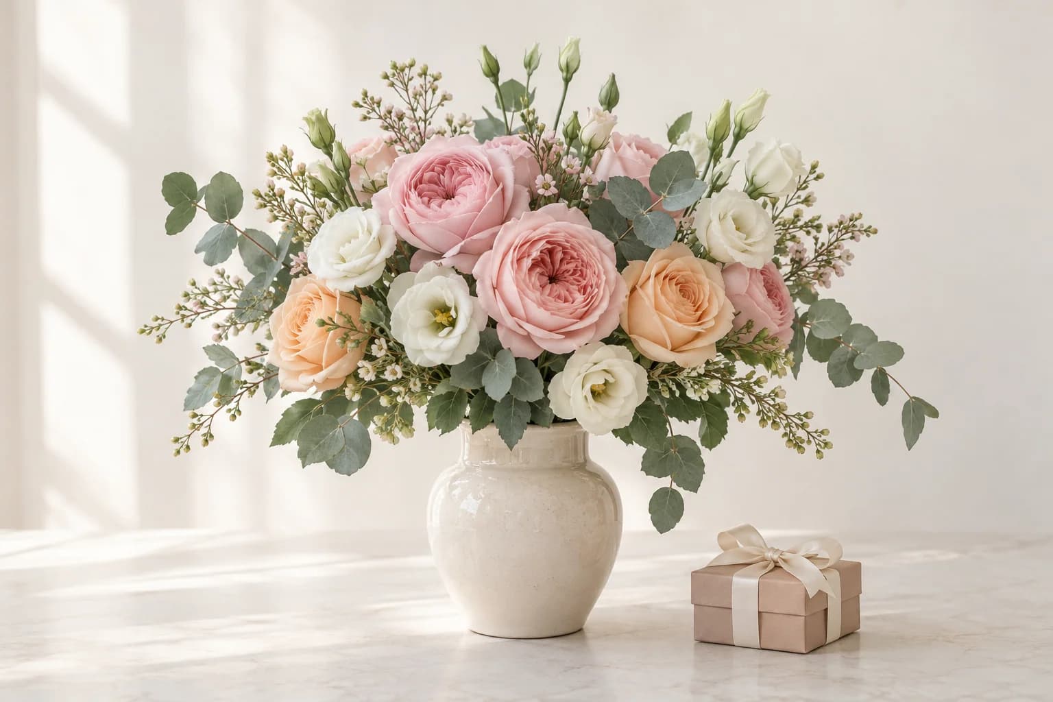 A tender bouquet in pink and peach tones