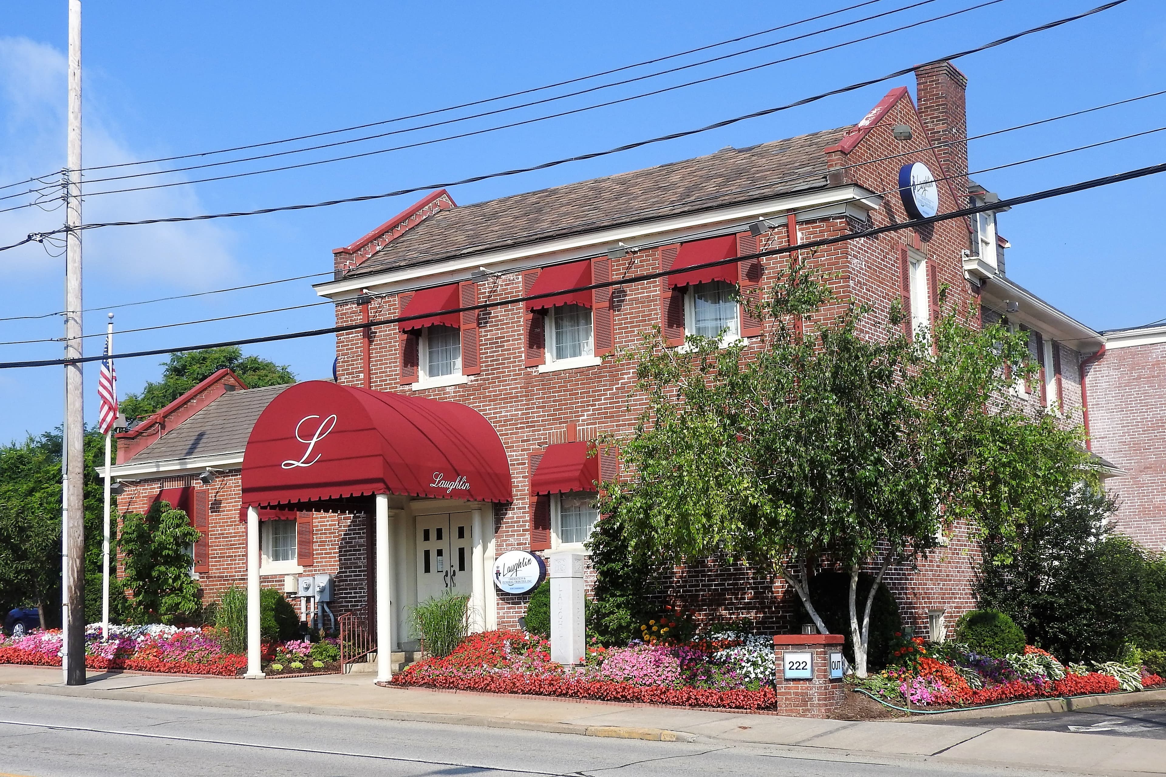 Laughlin Memorial Chapel at 222 Washington Road with its red entrance canopy, photographed in July 2019.
