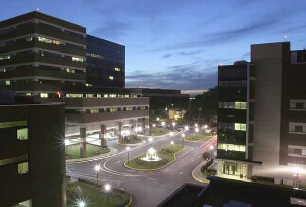 Hackensack University Medical Center entrance at dusk, photographed in November 2011.